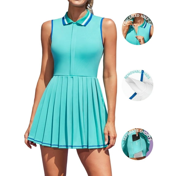 Attraco Women Tennis Dresses Ribbed Polo Tennis Dress Half Zip Pleated Workout Dress with Built in Shorts and Bra