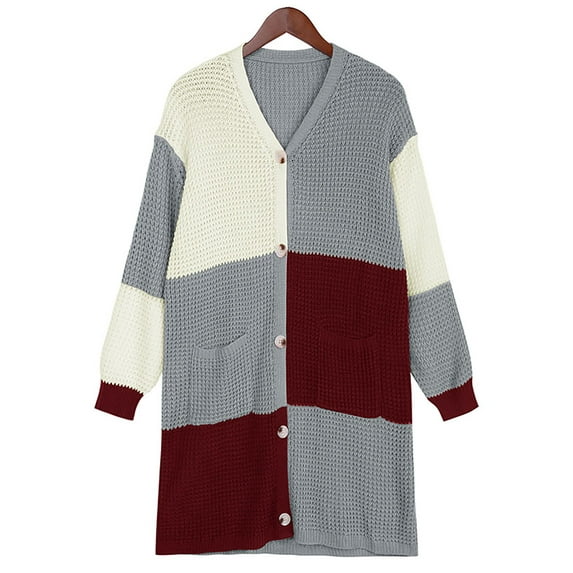 Attraco Women's Cardigan Sweater Knee-length Color Block Sweater Coat