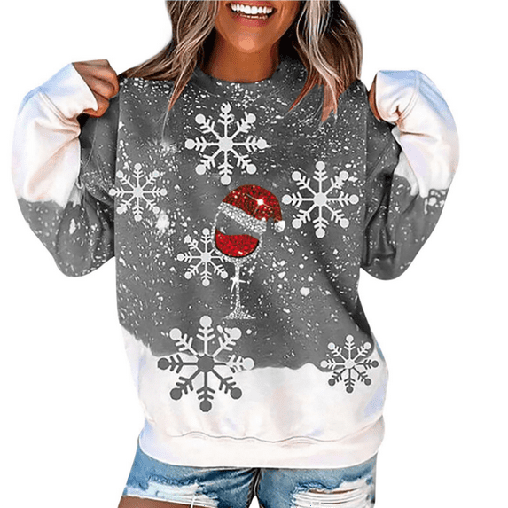 Attraco Women's Christmas Round Neck Long Sleeve Fashion Xmas Print Women's Top