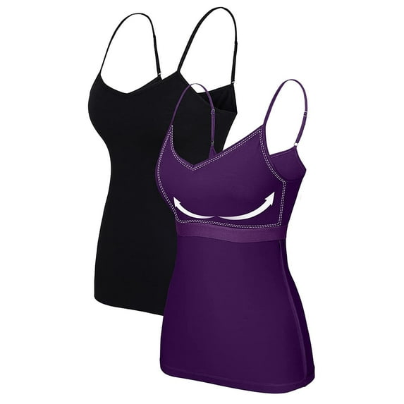 Attraco Women's Cotton V Neck Basic Camisoles with Shelf Bra Tank Tops, 2-Pack