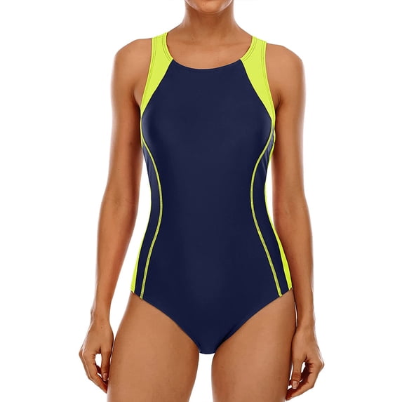 Attraco Women's Halter One-Piece Color Block Print Sport Swimsuit Tranning Swimwear