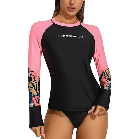 Attraco Women's Long Sleeve Sun Protection Top Color Block Swimsuit Top UPF 50+