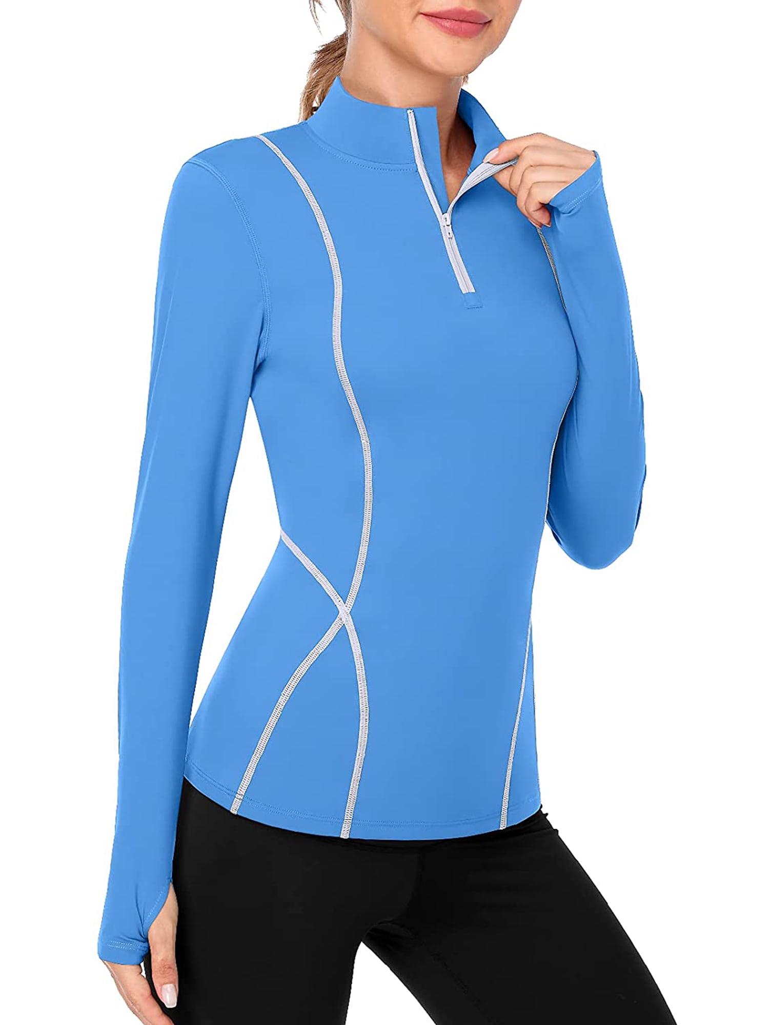 Attraco Women's Long Sleeve Workout Tops Zip Thumb Hole Athletic Running Sweatshirt Pullover