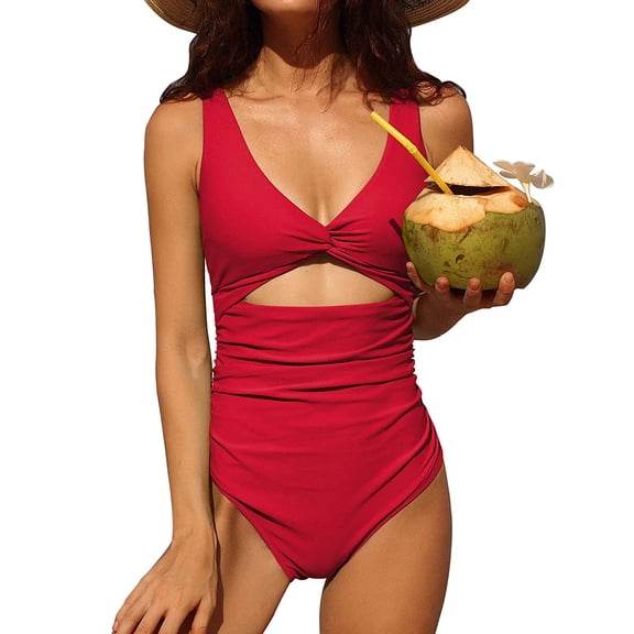 Attraco Women's One Piece Swimsuit Ruched Tummy High Cut Open Back V Neck Monokini