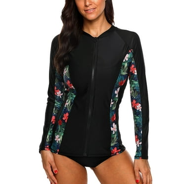 Attraco Women's Zip Front Long Sleeve Rash Guard Top Sun Protection Swim Shirt