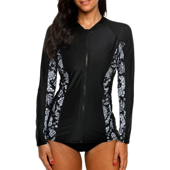 Attraco Women's Zip Front Long Sleeve Rash Guard Top Sun Protection Swim Shirt