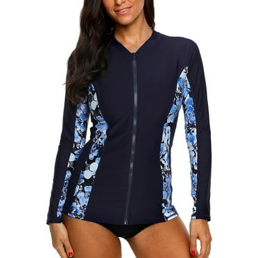 Attraco Women's Zip Front Long Sleeve Rash Guard Top Sun Protection Swim Shirt