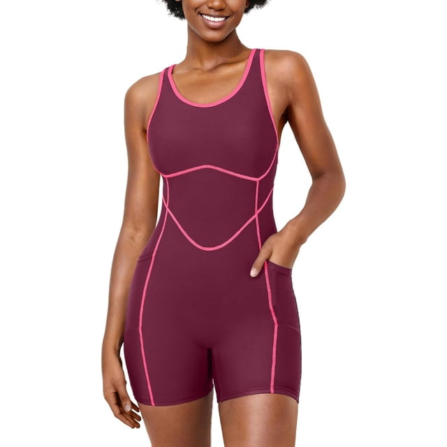 Women Boyleg Swimwear Racerback Athletic One Piece Solid Black Bathing Suits