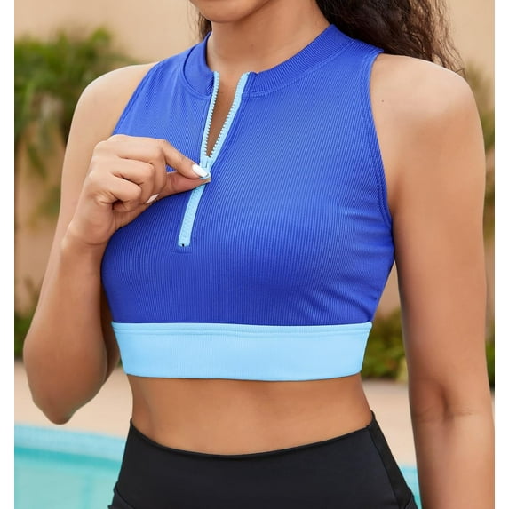 Attraco Womens Bikini Top Only Front Zipper Swimsuit Tops Ribbed High Neck Sports Swim Top