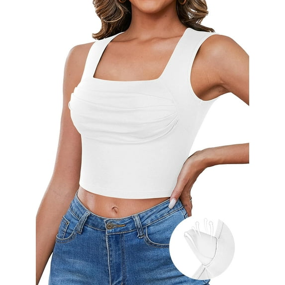 Attraco Womens Front Ruched Top Crop Tank with Removable Padding Square Neck Crop Tops Summer Sleeveless Cropped Camis S-XL