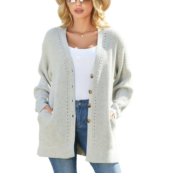 Attraco Womens Lightweight Cardigan Long Sleeve Button Down V Neck Casual Knit Sweater Open Front Coat