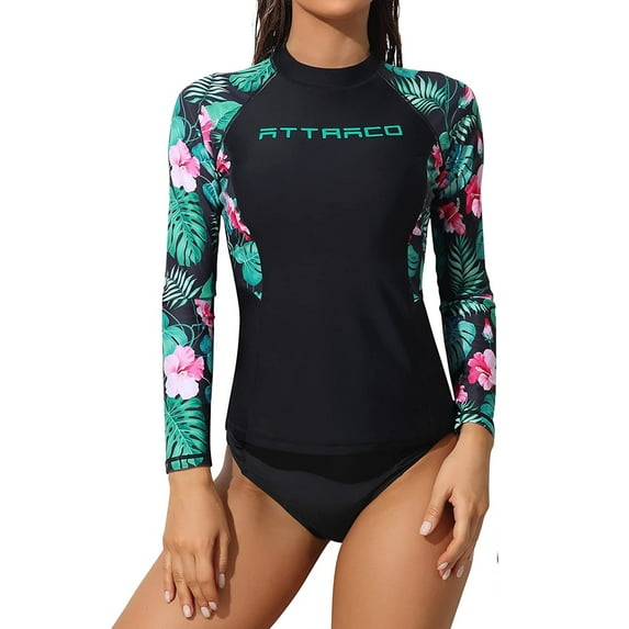 Attraco Womens Long Sleeve Rash Guard Floral Print Swimwear UPF 50+ Swimming Shirt