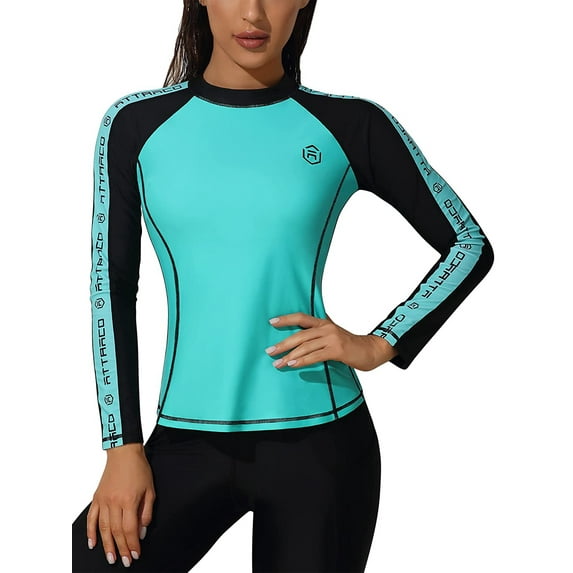 Attraco Womens Long Sleeve Rash Guard Logo Print Swimwear UPF 50+ Swimming Shirt
