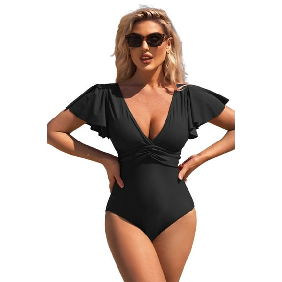 Attraco Womens One Piece Swimsuit Full Coverage Bathing Suit Tummy Control Deep V Neck Retro Ruffle Swimwear