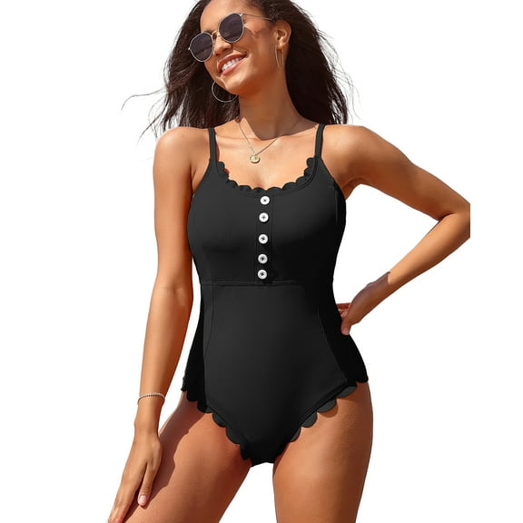 Attraco Womens One Piece Swimwear Ribbed Bathing Suits Scallop Trim Swimsuits with Button Swimming Suit