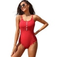 thumbnail image 1 of Attraco Womens One Piece Swimwear Ribbed Bathing Suits Scallop Trim Swimsuits with Button Swimming Suit, 1 of 7