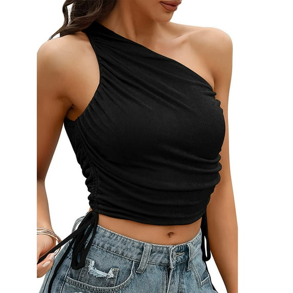 Attraco Womens One Shoulder Crop Top Y2K Drawstring Ruched Cami Tops