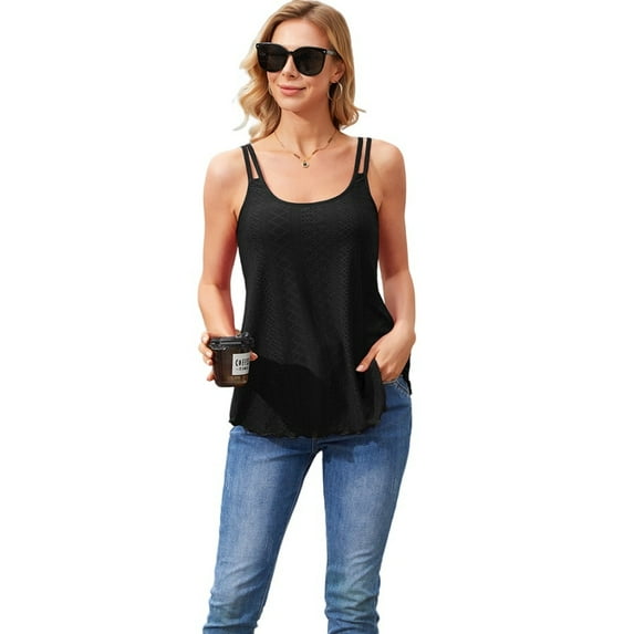 Attraco Womens Padding Tank Tops Flowy Eyelet Embroidery Camisole Adjustable Spaghetti Strap Camis Shirts