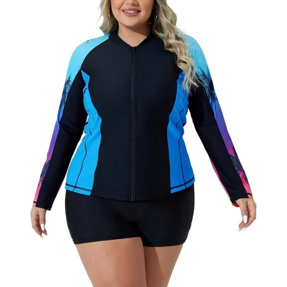 Attraco Womens Plus Size Rush Guard Color Block Long Sleeve Zip Front Swim Top