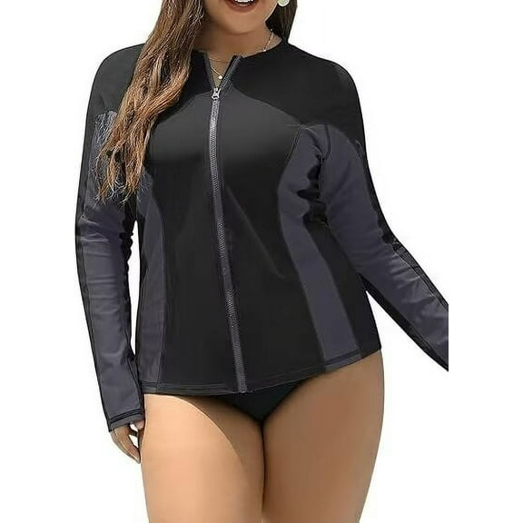 Attraco Womens Plus Size Rush Guard Color Block Long Sleeve Zip Front Swim Top