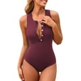 thumbnail image 1 of Attraco Womens Ribbed Swimsuits Button Racerback Thick Shoulder Straps One Piece Bathing Suit, 1 of 8