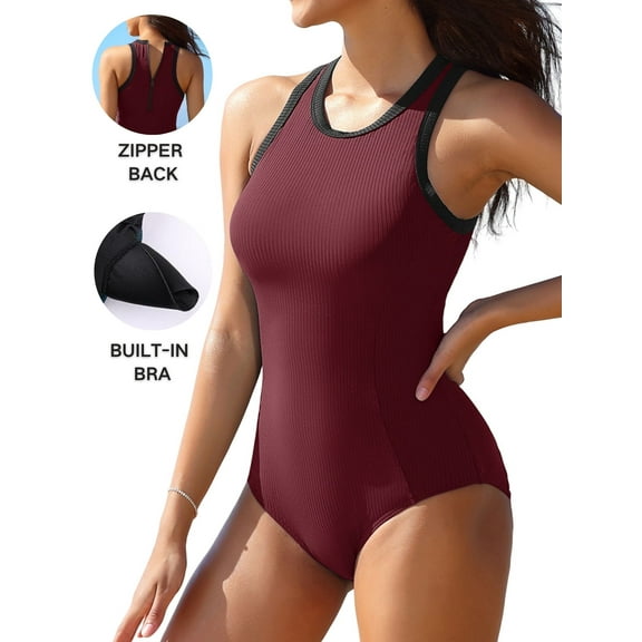 Attraco Womens Round Neck One Piece Swimsuit Zipper Back Ribbed Swimwear Sporty Racerback High Neck Bathing Suit