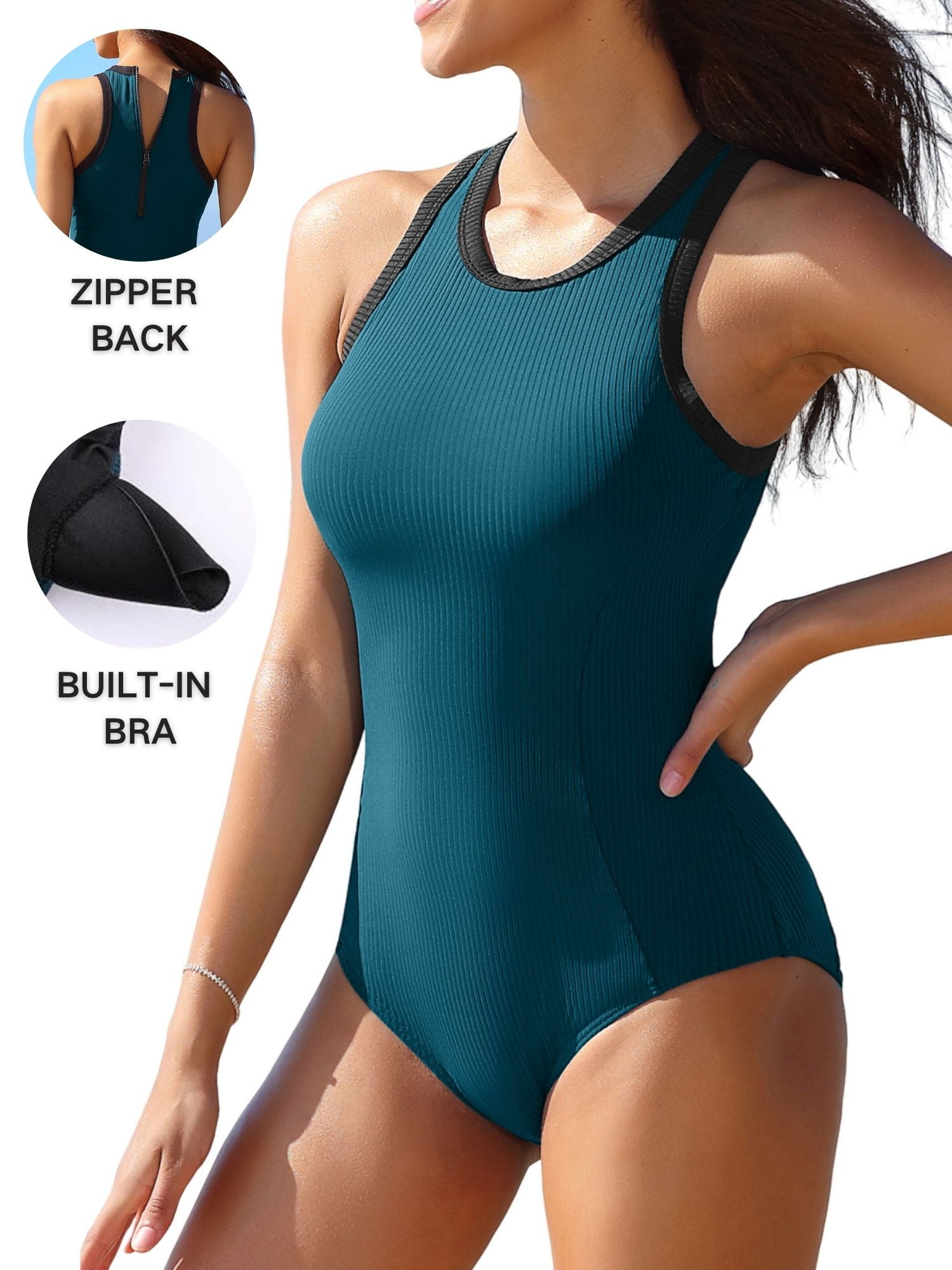 Attraco Womens Round Neck One Piece Swimsuit Zipper Back Ribbed ...