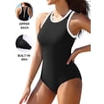 thumbnail image 1 of Attraco Womens Round Neck One Piece Swimsuit Zipper Back Ribbed Swimwear Sporty Racerback High Neck Bathing Suit, 1 of 9