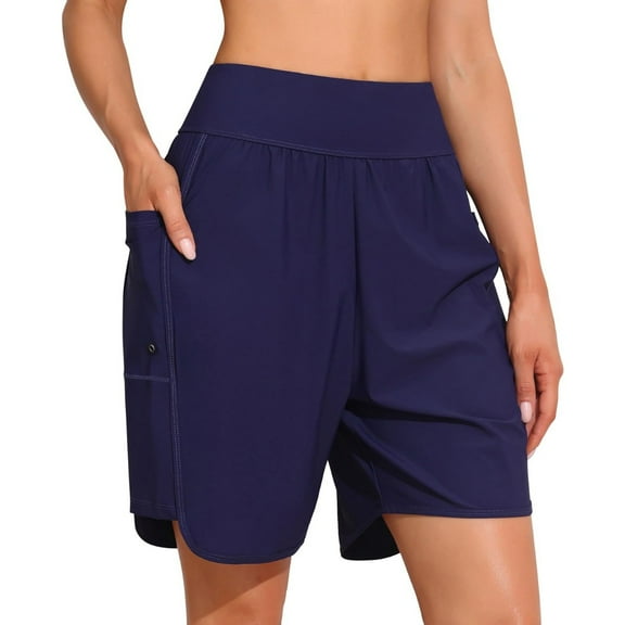 Attraco Womens Solid 6" Swim Shorts High Waisted Board Shorts with Pockets Quick Dry UPF50  Swimsuit Bottoms Built-in Brief