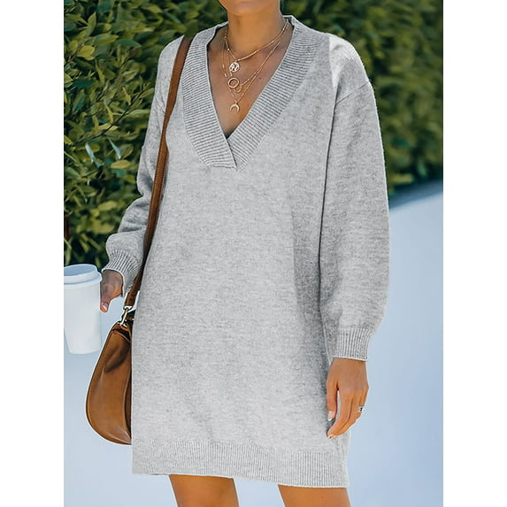 Attraco Womens V Neck Pullover Sweater Dress Long Sleeve Knitwear Knit Long Tops Stretch