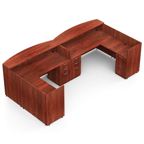 Attract 2 Person 142" x 71" Reception Desk with Laminate Top, L-Shaped Front Desk with Storage Drawers, Reception Station for Office, Clinic, Salon Lobby, American Dark Cherry, Self Assembly