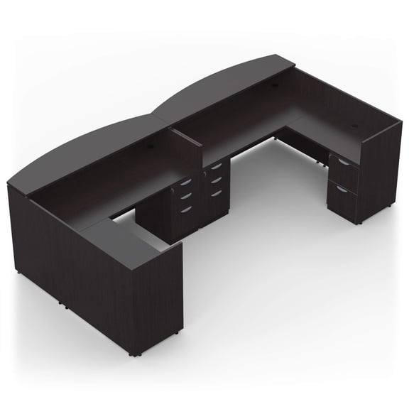 Attract 2 Person 142" x 71" Reception Desk with Laminate Top, L-Shaped Front Desk with Storage Drawers, Reception Station for Office, Clinic, Salon Lobby, American Espresso, Self Assembly