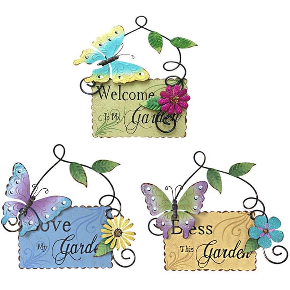 Attraction Design Metal Garden Welcome Sign with Butterfly Decor Set of 3, Outdoor Hanging Welcome Sign for Garden Decoration Yard Decor (3-Pack)