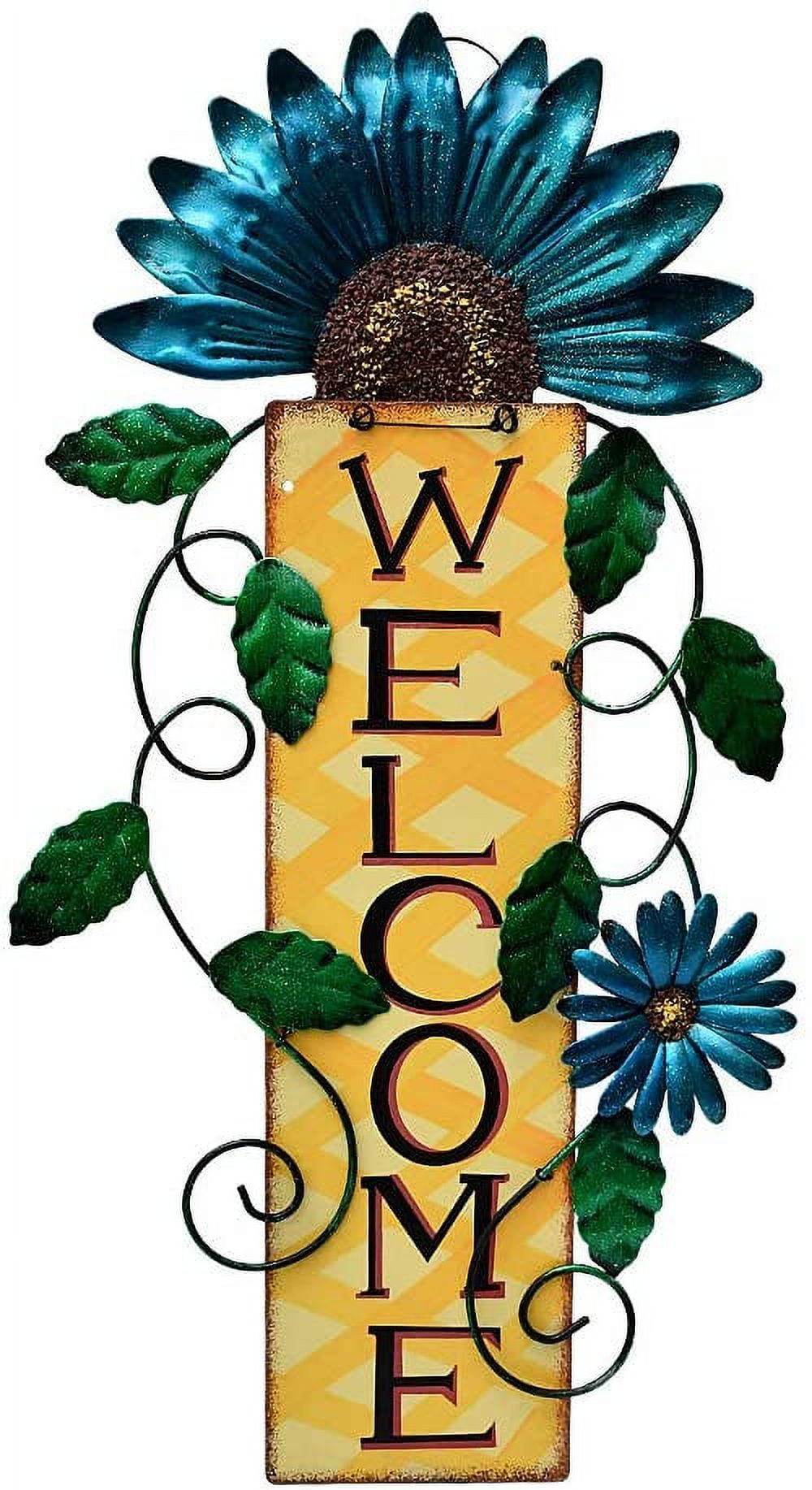 Metal Blue Flower Welcome Sign for Outdoor Wall Mount