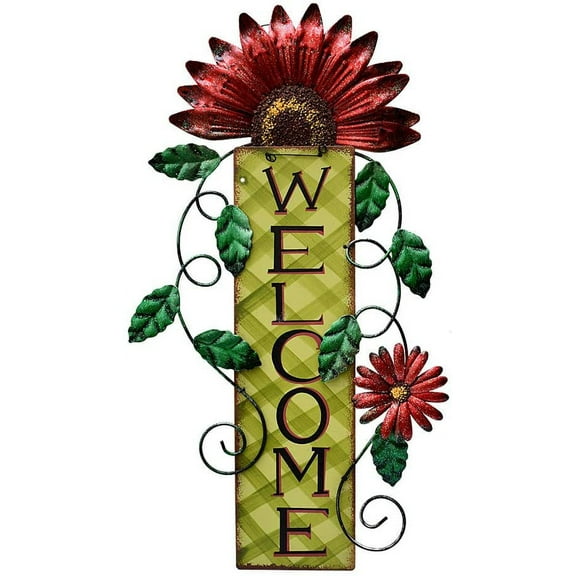Attraction Design Welcome Sign for Front Door Decor Hanging Sign, Metal Flower Welcome Door Sign Wall Art Decor Hanging for Indoor Outdoor Patio Garden Yard Sign Porch Decoration 15.25X8.5In (A)