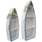 Attraction Design Wooden Boat Shelf Set of 2, Beach Theme Standing Display Boat with 3 Shelves Fish Net Star Fish Shell Nautical Decor Boat Shelf 2 Set