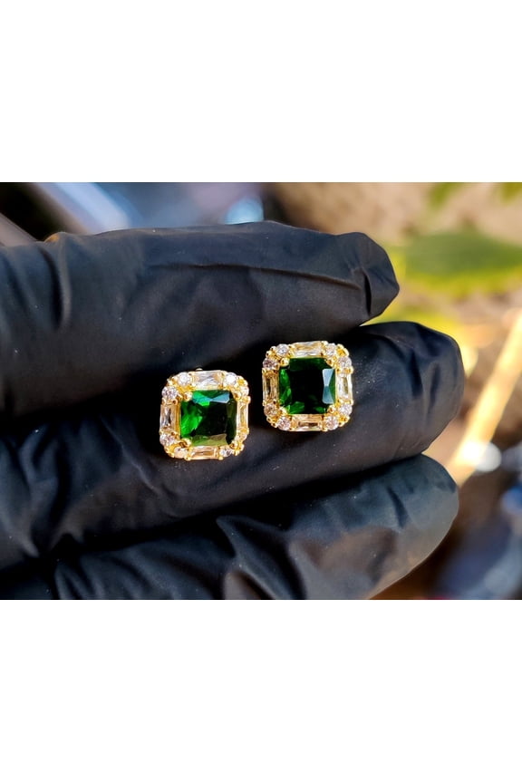 Attractive 2Ct Princess Cut Lab Created Green Emerald & Diamond Halo Stud Earrings 14K Yellow Gold Plated Silver