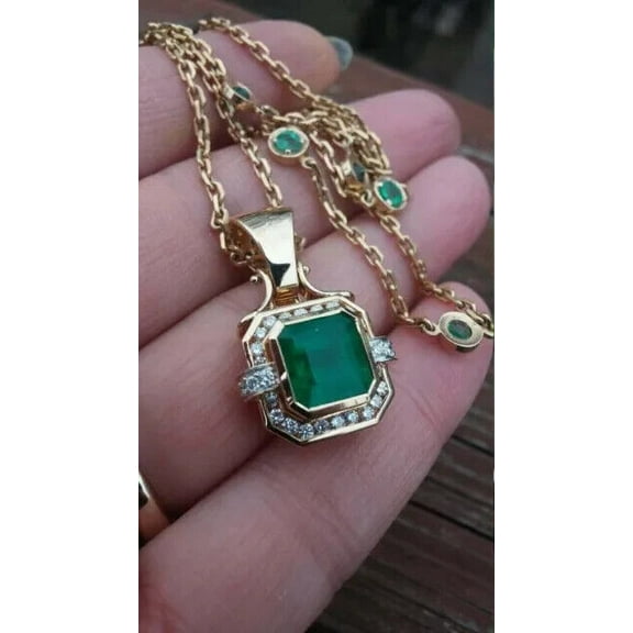 Attractive 3Ct Emerald Cut Green Emerald Halo 18" Free Chain Pendant 14K Yellow Gold Plated 925 Silver