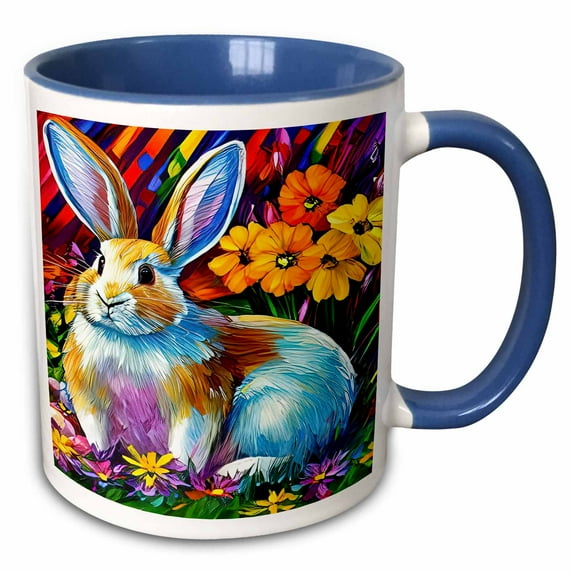 3drose, Attractive Bunny in the Garden. Colorful Spring Flowers Digital Art, 15oz Two-tone Blue Mug