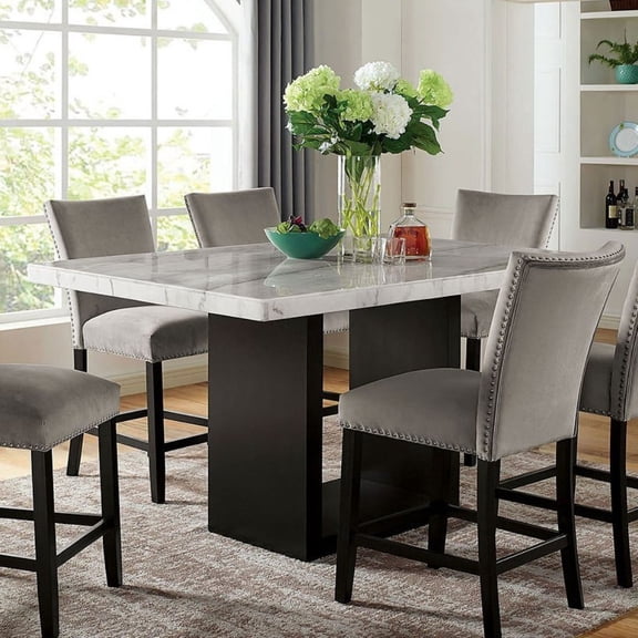 Attractive Elegant White Genuine Marble Table Top 1pc Counter Height Dining Table Sturdy Design Solidwood Base Dining Room High Table