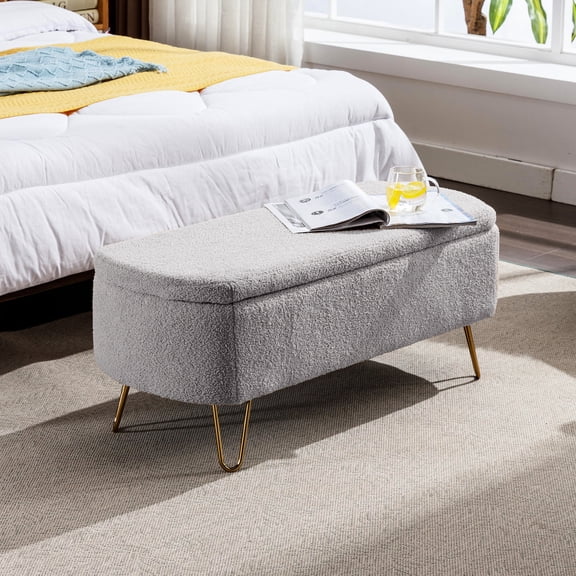 Attractive Grey Storage Bench With Faux Fur Upholstery And Gold End Of Bed Covering