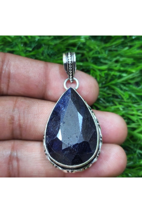 Attractive Madagascar Blue Sapphire Gemstone Handmade 925 Sterling Silver Pendant 33 mm