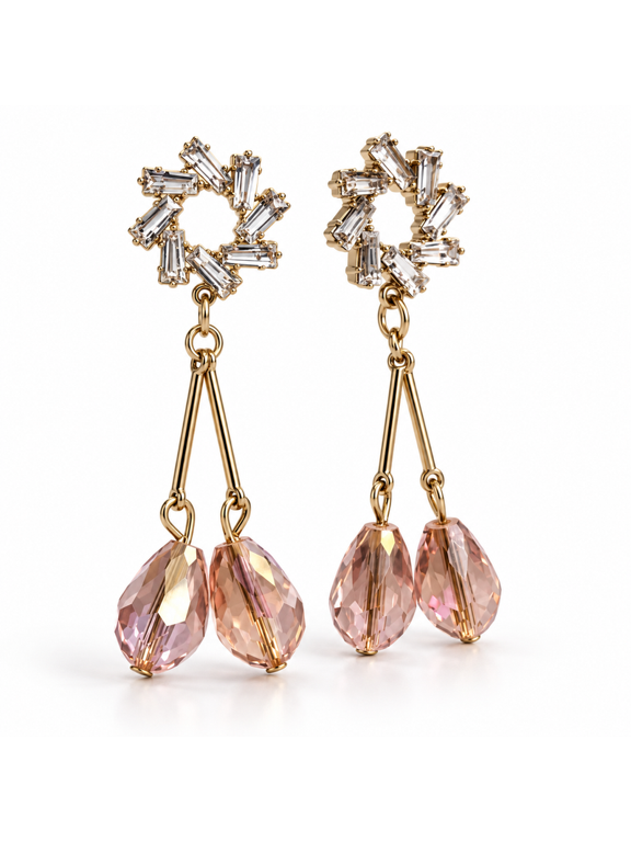 - Women’s Pink Drop Earrings with Circular Top and Faceted Bead Accents, Long Statement Fashion Earrings for Party Wear