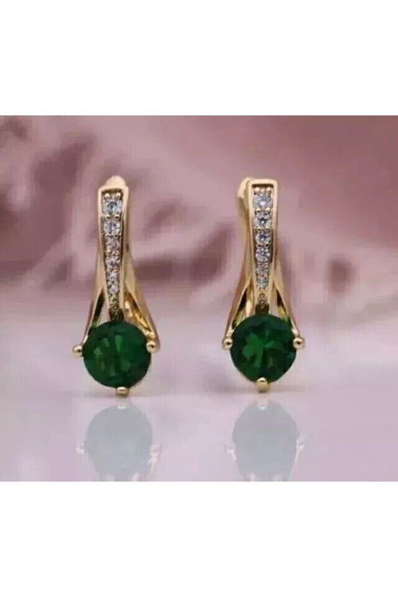 Attractive Snap Closure Hoop Earrings 2Ct Round Cut Lab Created Green Emerald & Diamond 14K Yellow Gold Plated Silver