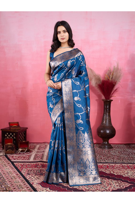 Attractive Soft Lichi Silk Weaving Work Festive Wear Saree With Contrast Pallu – Flat Blue