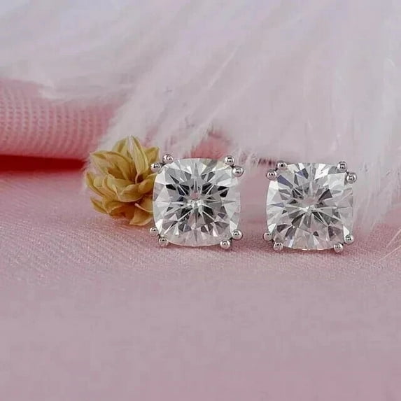 Attractive Solitaire Stud Earrings 14k White Gold Plated Silver 2Ct Cushion Cut Lab Created Diamond