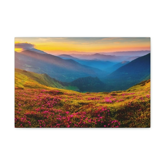 Attractive Summer Sunset at the Hill Scene Beautiful Impressive and Stunning Flowers Beauty Nature Scene Pink Flowers and Mountains Wall Art Ready to Hang Unframed