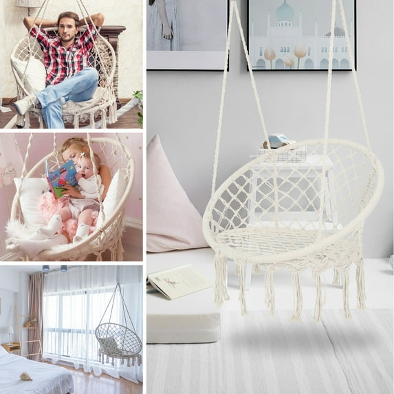 Attractive Swing Chair Fine Workmanship Cotton Rope Stable Decorative Hanging Hammock for Home-White