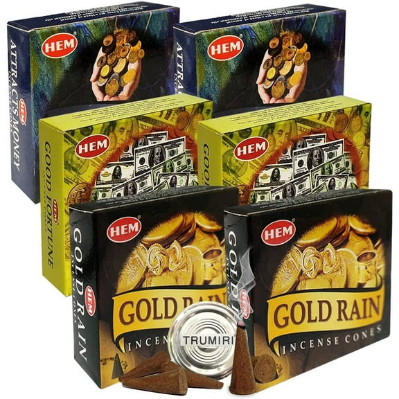 Attracts Money Good Fortune Gold Rain Incense Cones & Holder Bundle Variety Pack From Hem Trumiri Insense Inscents Insencents Insence