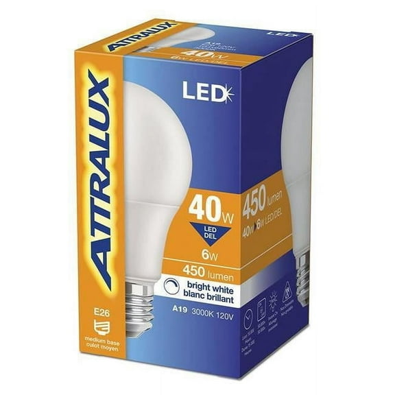 Attralux 10600210 40W & 450 Lumen 3000K A19 Non-Dimmable LED Blub, Bright White - Pack of 6
